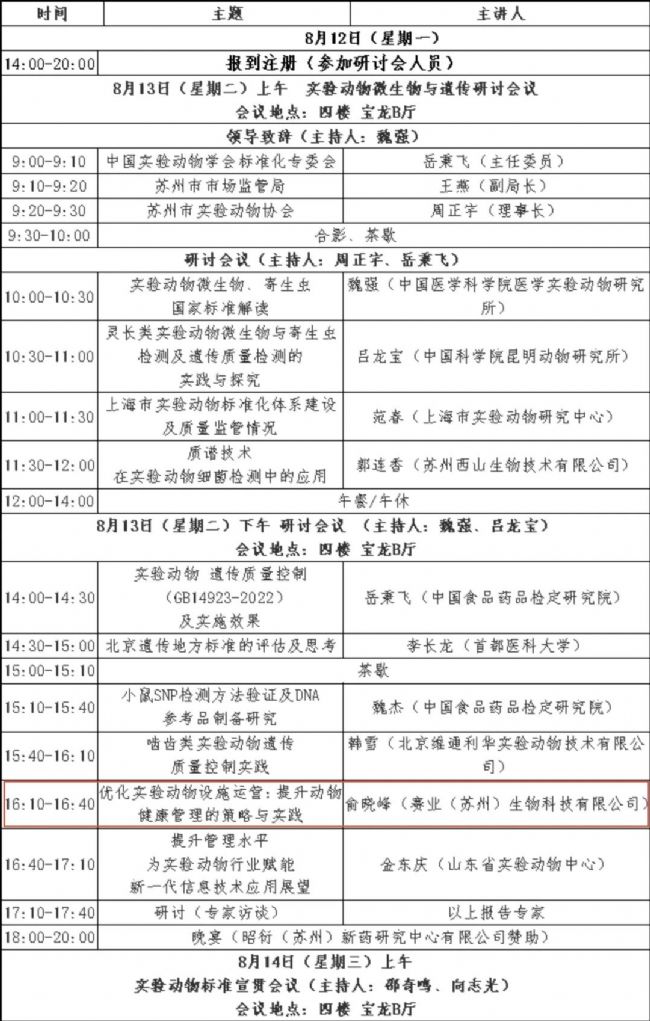 賽業生物俞曉峰博士將出席2024年實驗動物微生物與遺傳標準化研討會議